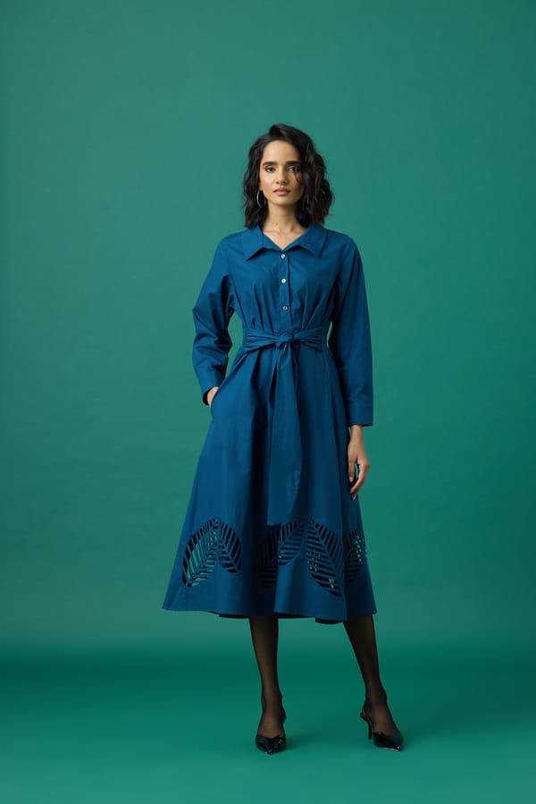 Teal Cotton Poplin Shirt Dress with Waist Tie and Cutwork — 63East