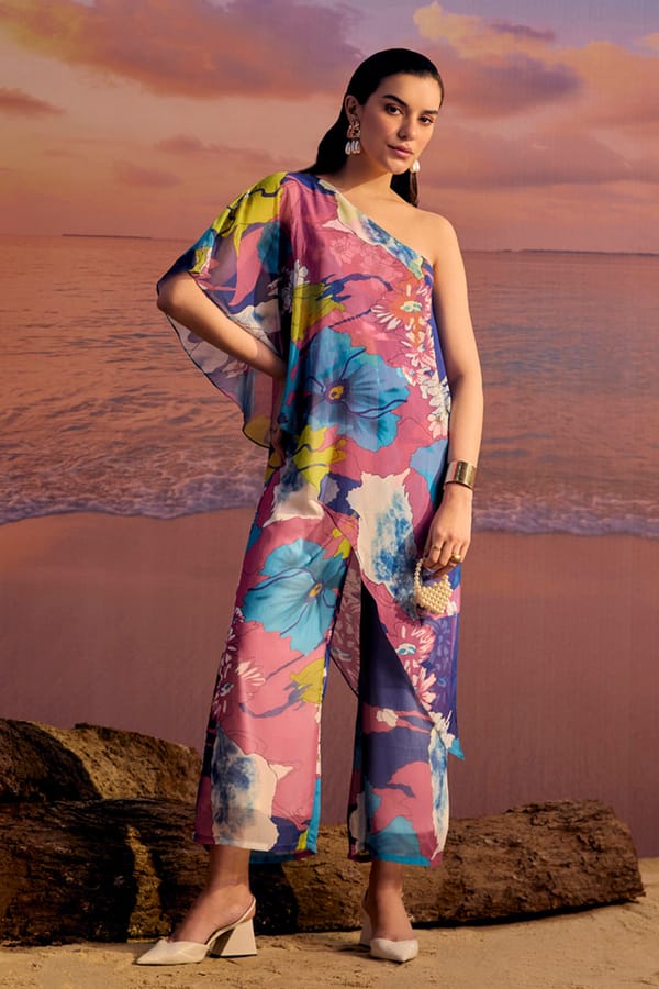 Multicolor One-Shoulder Printed Chiffon Jumpsuit — BOHO-CHIC
