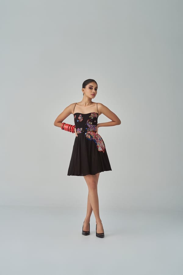 Black Mirrorwork Embroidered Fit and Flare Mini Dress — Saaksha and Kinni