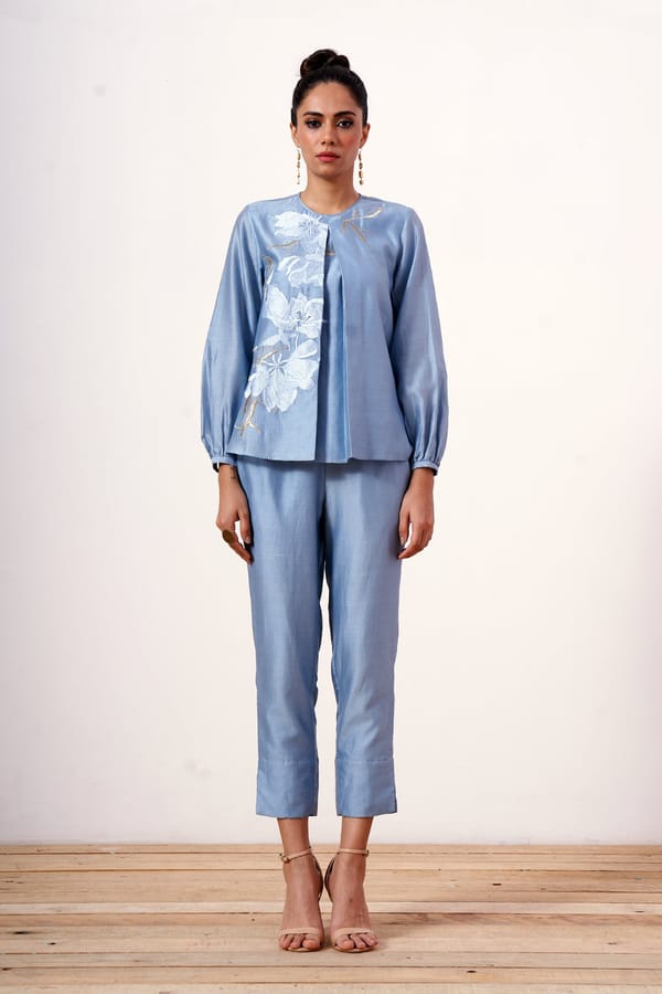 Powder Blue Embroidered Top and Ankle Pants Co-ord Set — Madder Much