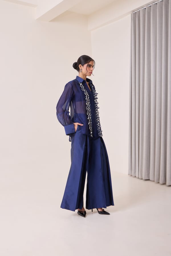Navy Organza Shirt with Laser-Cut Applique Detail — Needle Ten