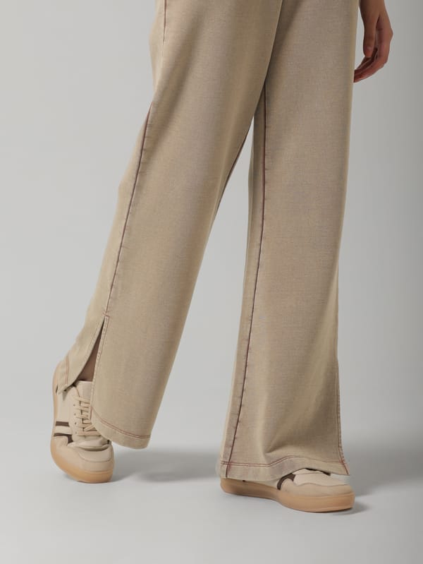 Brown Cotton Terry Acid-Wash Wide-Leg Trackpants — Necesera
