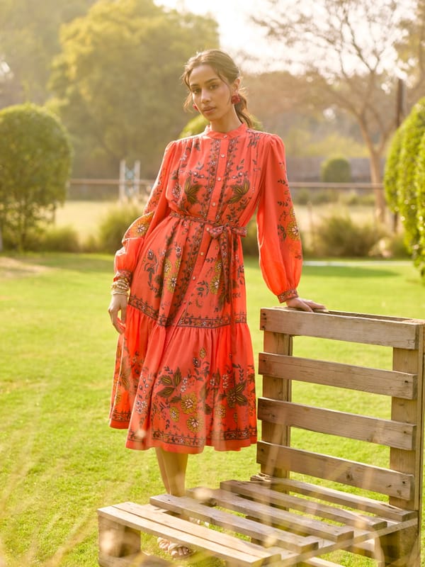 Orange Floral Printed Tiered Midi Shirt Dress with Tie Belt — Style Island