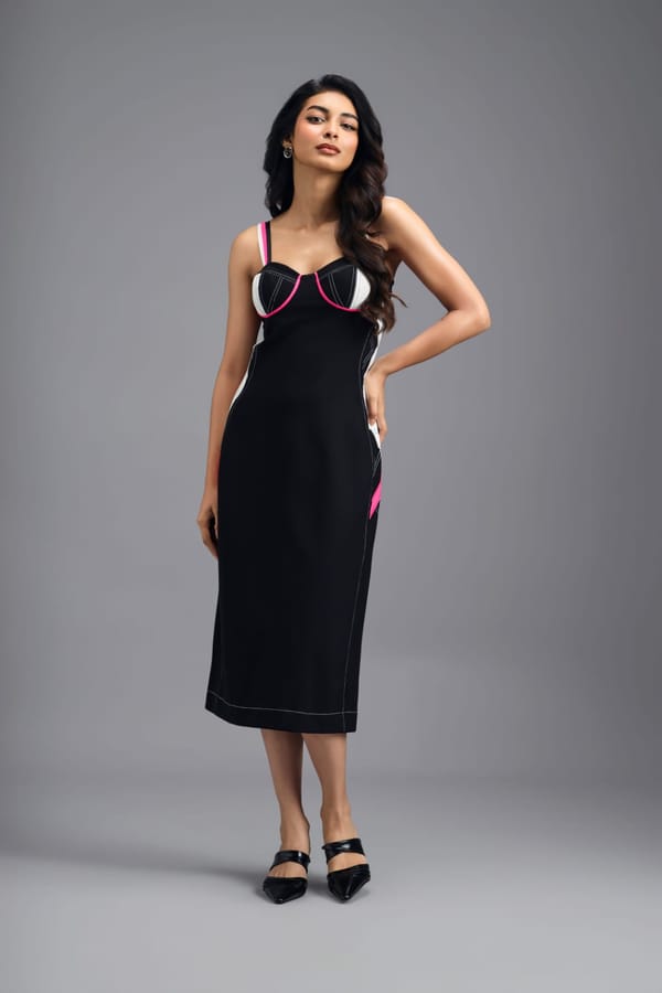 BLACK ASYMMETRIC MIDI DRESS — Deepika Arora