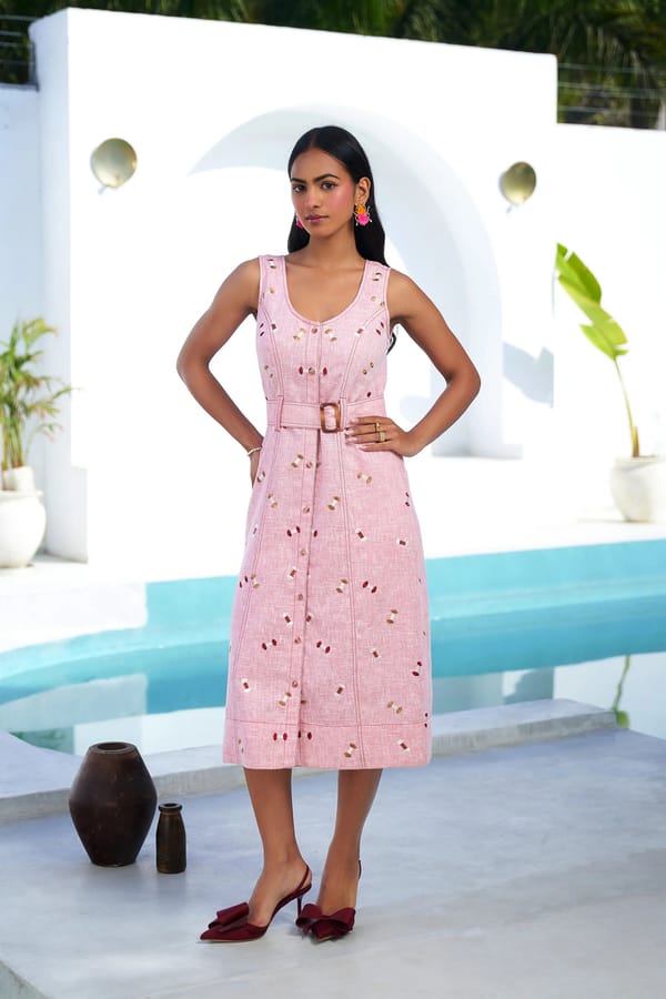 Pink Cotton-Linen Belted Button-Front Midi Dress — STITCH STORIES