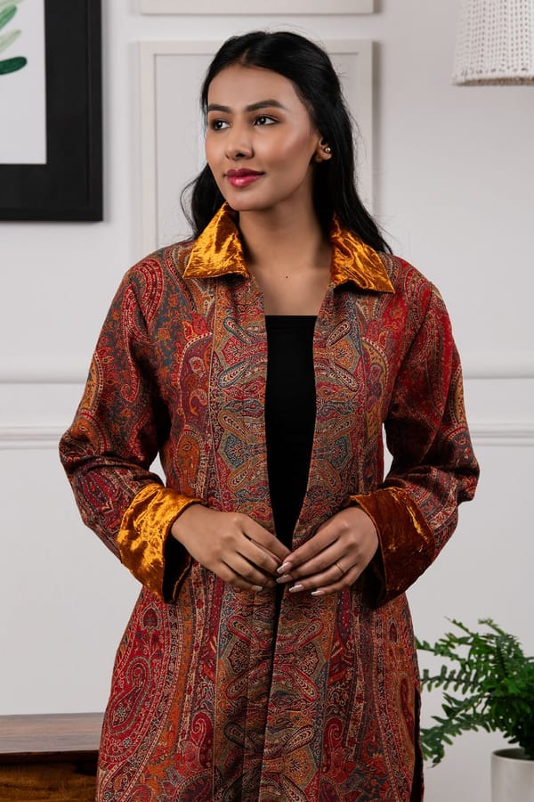 Mustard Wool Jacquard Longline Coat with Velvet Trim — Rhe-Ana