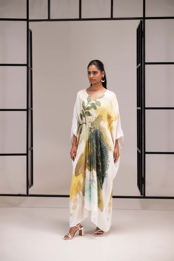 Multicolor Printed Crepe Satin Maxi Kaftan — Sakshi G Chawla