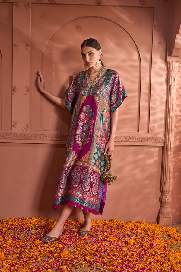Green/Purple Brocade Silk Printed Maxi Kaftan — TASUVURE