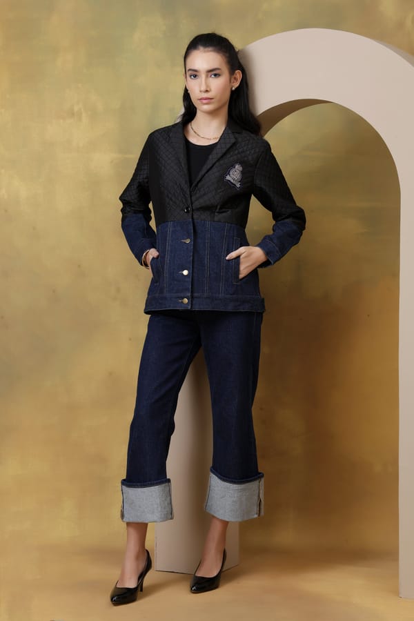 Medium Denim Colorblock Quilted Blazer Jacket — Rhe-Ana