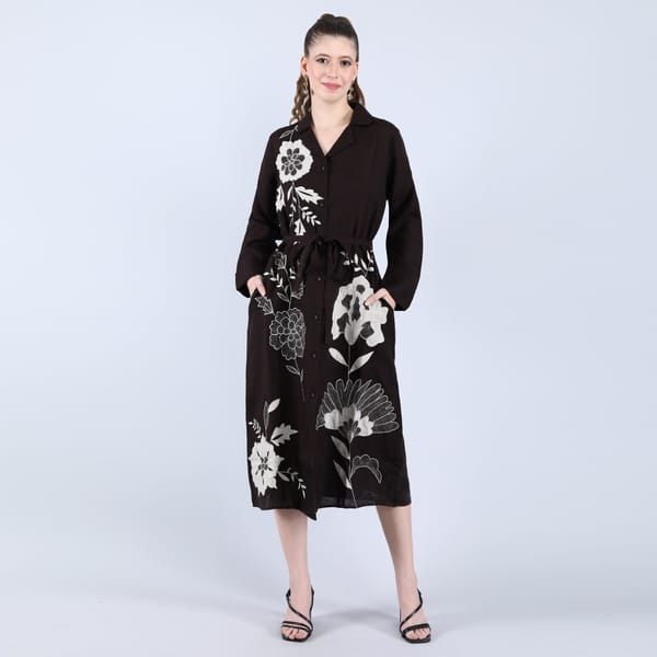 Black Linen Midi Shirt Dress with Floral Applique — Linen Bloom