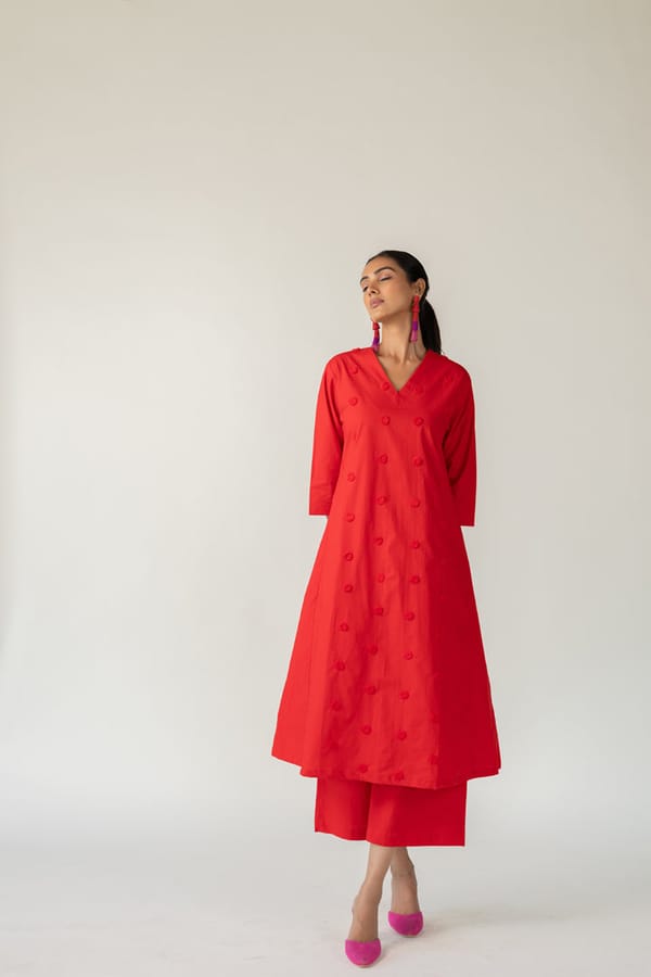 Red A-Line V-Neck Kurta Set with Culottes — Silai studio