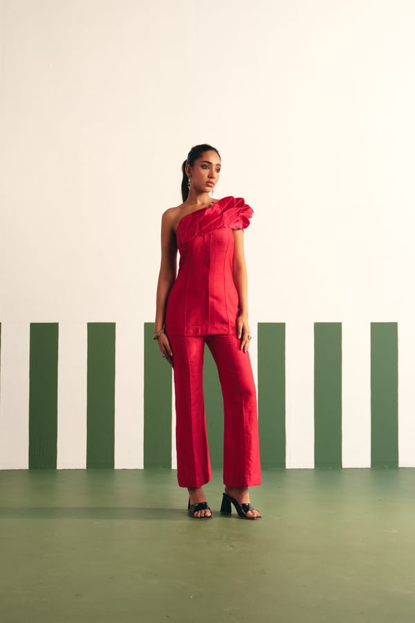 Magenta Pink One-Shoulder Pant Suit Set with 3D Leaf — Reeti Arneja