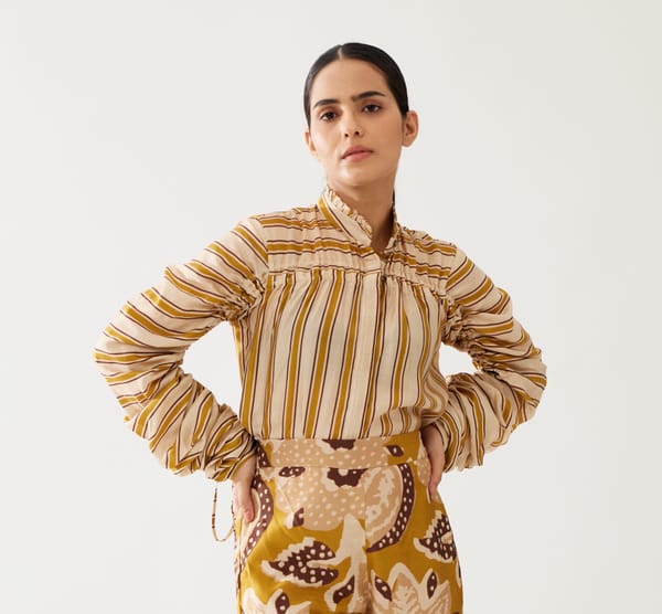Pink And Mustard Stripe Smocking Sleeve Shirt — KoAi