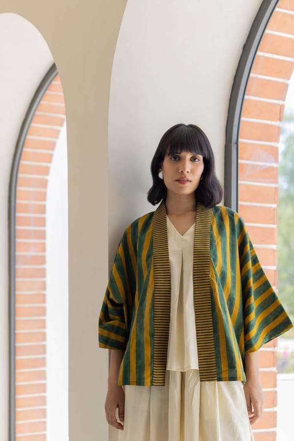 Moss Leaf Cotton Striped Open-Front Cape Shrug — Vraj Bhoomi