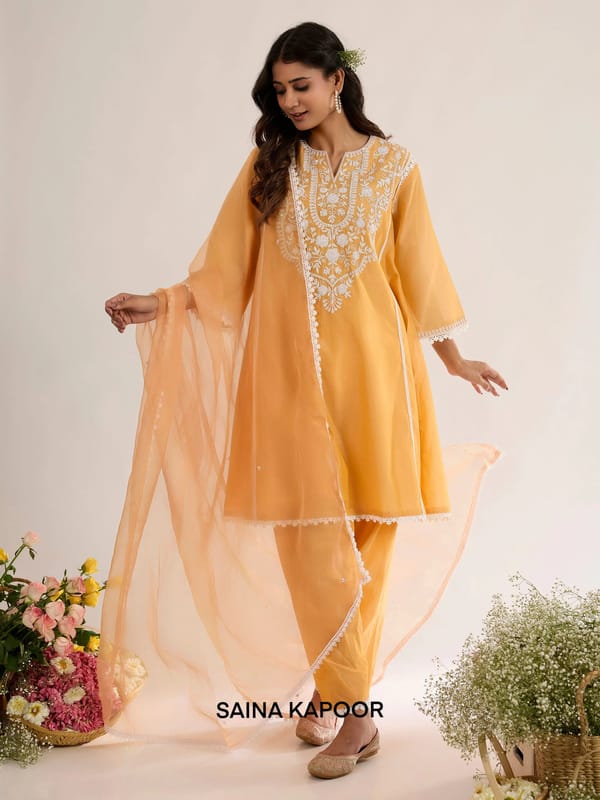 Golden Orange Chanderi Long Kurta Salwar Suit with Aari Embroidery — SAINA KAPOOR