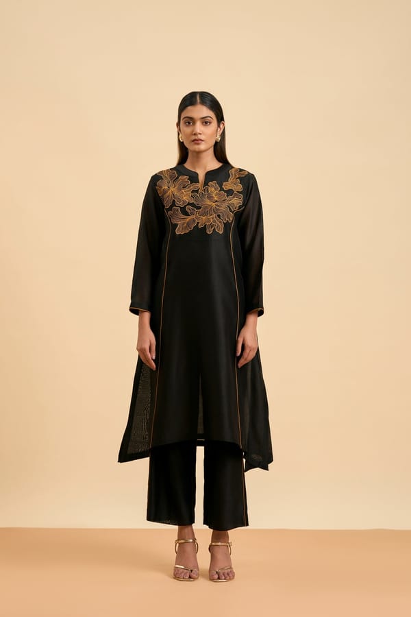 Black Embroidered Yoke Straight Kurta Set with Pants — Origani