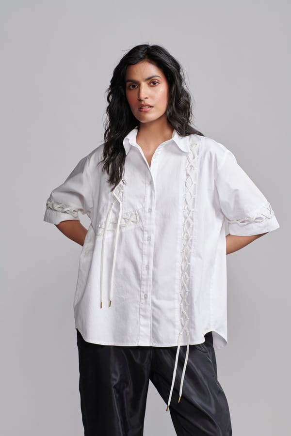 White Shoelace Detail Relaxed Fit Poplin Shirt — Dash and Dot