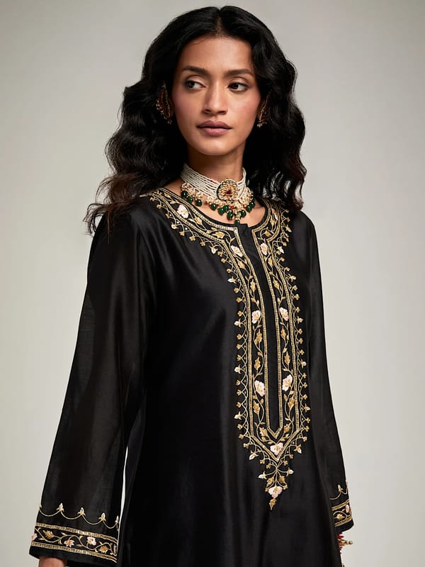 Black Silk Chanderi Embroidered Placket Kurta — Anantaa