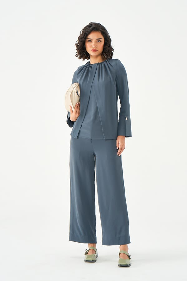 Slate Grey Crepe Co-ord Set with High-Neck Top and Wide-Leg Pants — NOTEBOOK