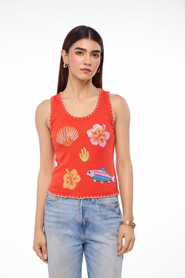 Red Rib-Knit Embroidered Tank Top — The Clothing Factory