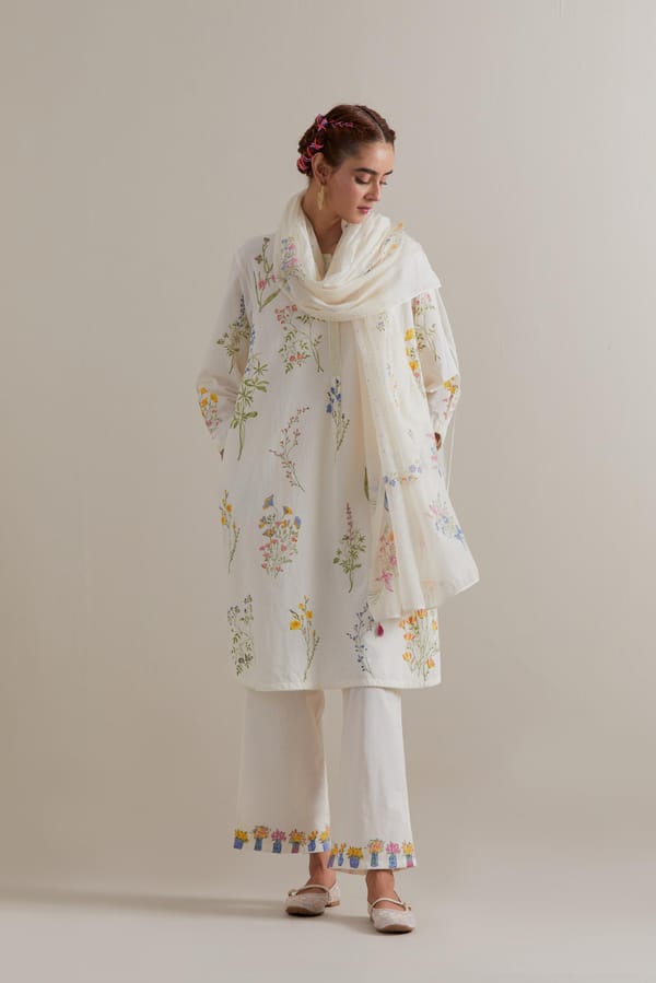 Off-White Floral Block Print Straight Kurta Set — Upavita