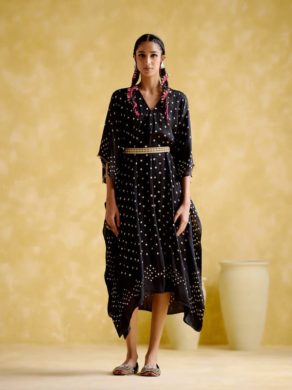 Black Bandhani Print Modal Satin Kaftan with Waist Tie — 5 Elements