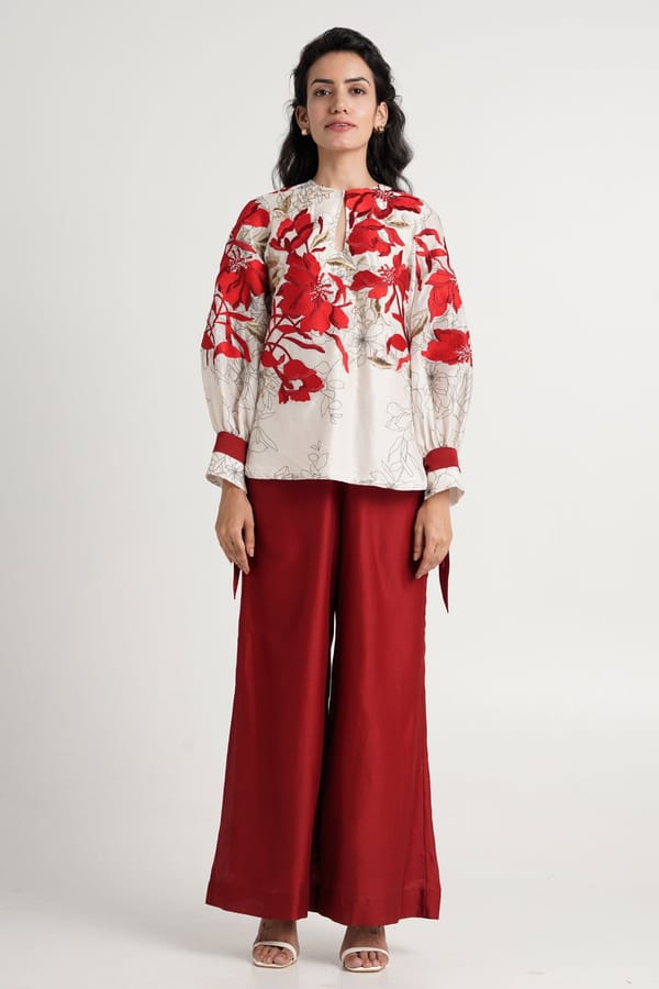 White and Red Embroidered Top and Wide-Leg Co-ord Set — Madder Much
