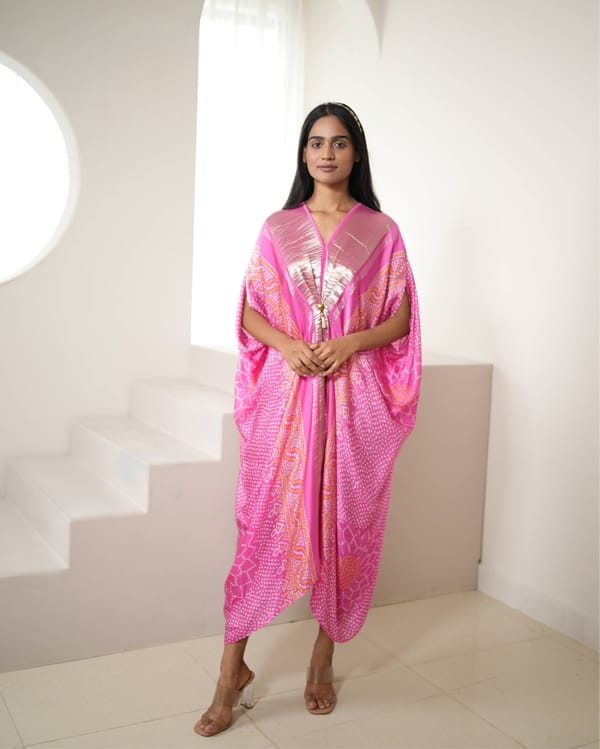 Pink and Gold Bandhani Print Satin Silk Kaftan — Mayura Kumar