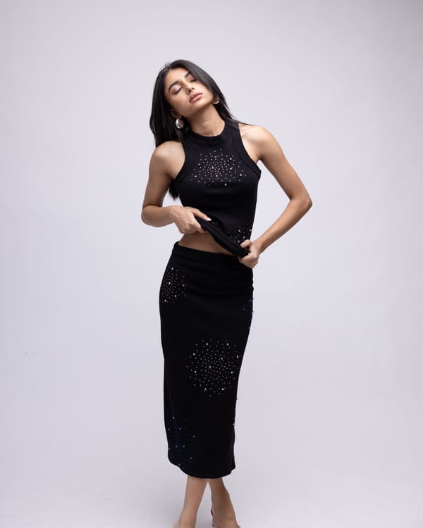 Black Ribbed High Neck Rhinestone-Embellished Tank Top — MAGIA