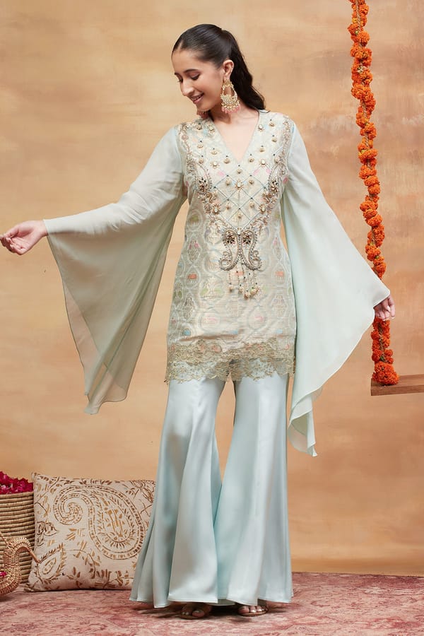 Kashi Neel Hand Embroidered Banarasi Sharara Set — DAREISS