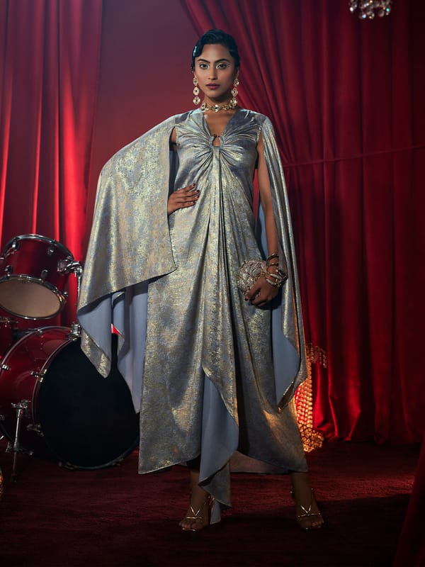 Blue-Gray Metallic Floral Cape Sleeve Maxi Gown — HOUSE OF FETT