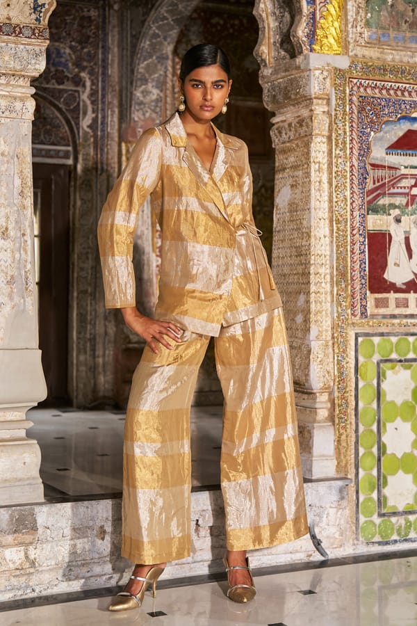 Champagne Gold Metallic Striped Wide-Leg Trousers — Dash and Dot