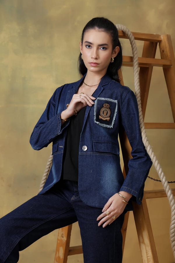Dark Blue Distressed Denim Tailored Blazer — Rhe-Ana