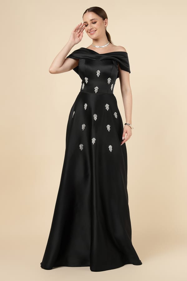 Black Off-Shoulder Embellished Maxi Gown — NAZELLA