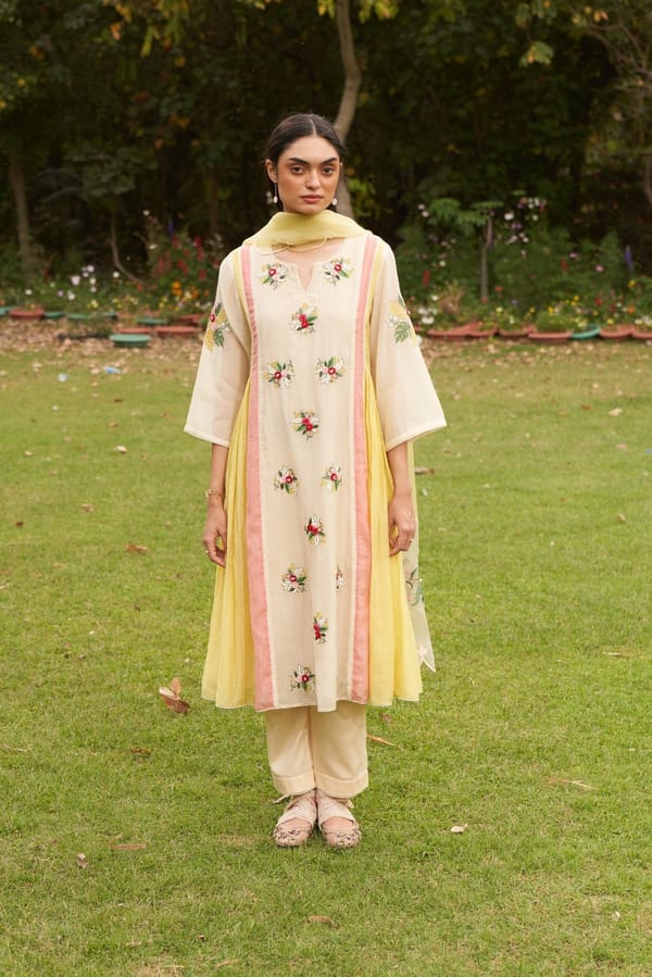 Beige A-Line Embroidered Kurta Set With Organza Dupatta — NIRVAIR CLOTHING
