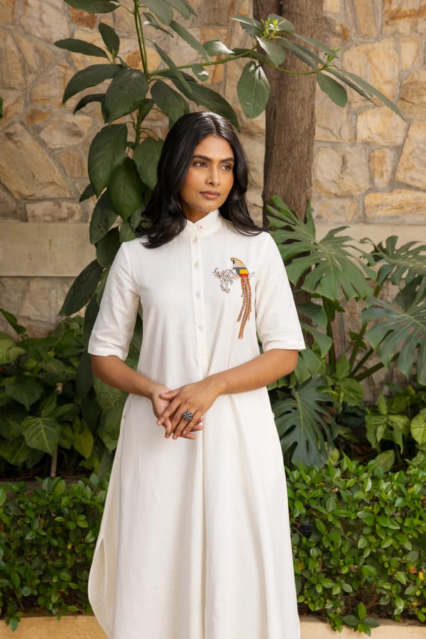 White Linen-Blend A-Line Kurta with Mandarin Collar — Eko Clothing