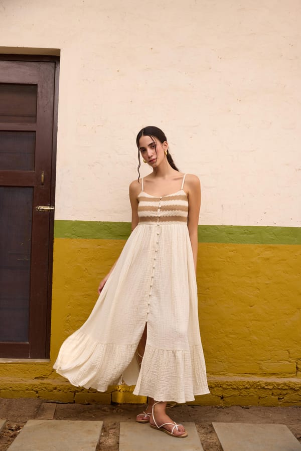 Brown and Ivory Button-Down Maxi Dress with Lace Bodice — The clothing factory
