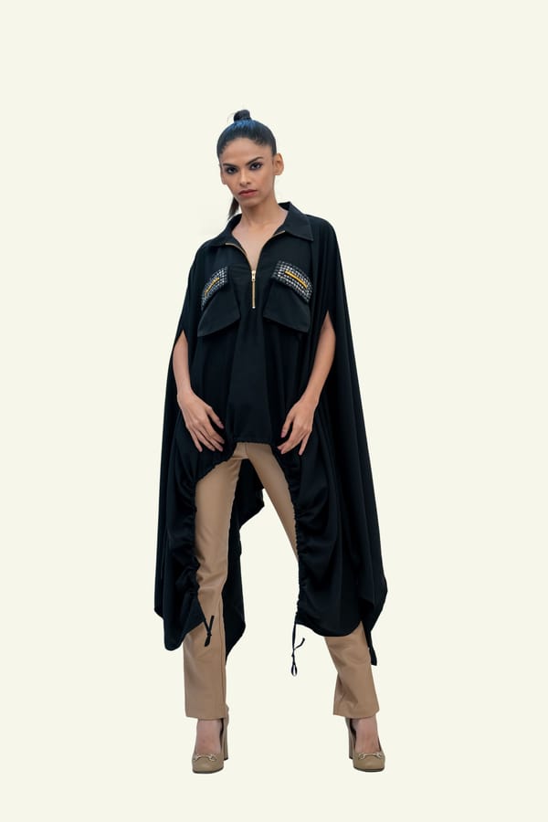 Black Drawstring Cape with Embroidery on Pockets — Richa Goenka