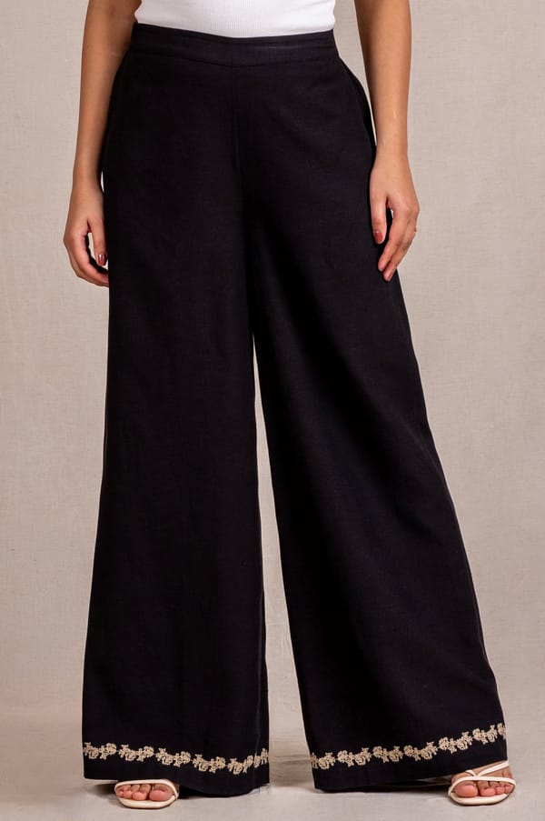 Embroidered Black Wide-leg Trousers — Move About Effortlessly