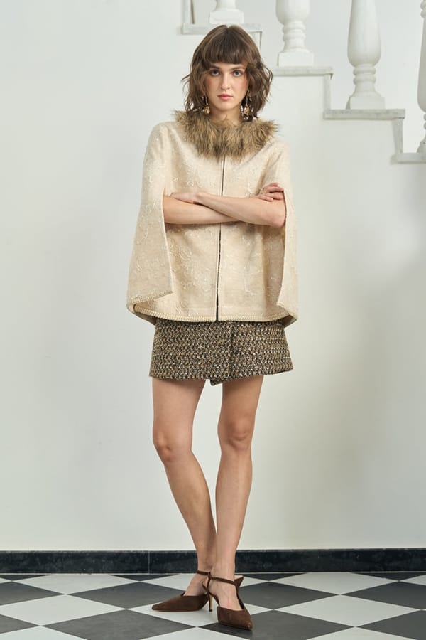 Golden Tweed Cape-Style Jacket with Lace and Embroidery — AVERIE