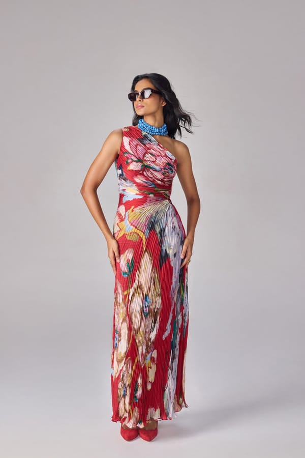 Red/Multi One-Shoulder Pleated Printed Maxi Dress — Saaksha and Kinni
