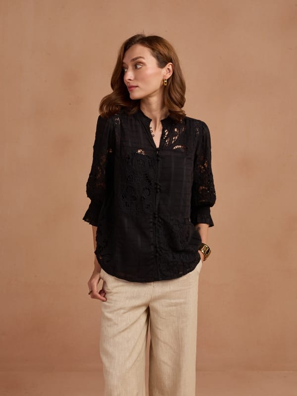 Black Dobby Lace Patchwork Mandarin Collar Blouse — Style Island