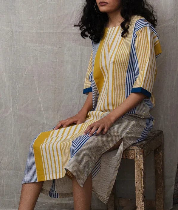 Mustard and Blue Striped Colorblock Midi Dress — Banana Labs