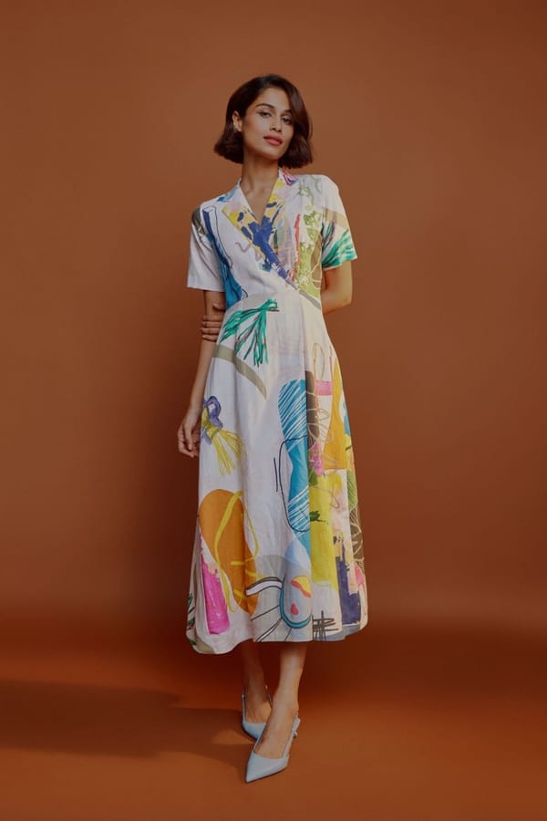 Multicolor Doodle Print Lapel Collar Midi Dress — ADVAIT