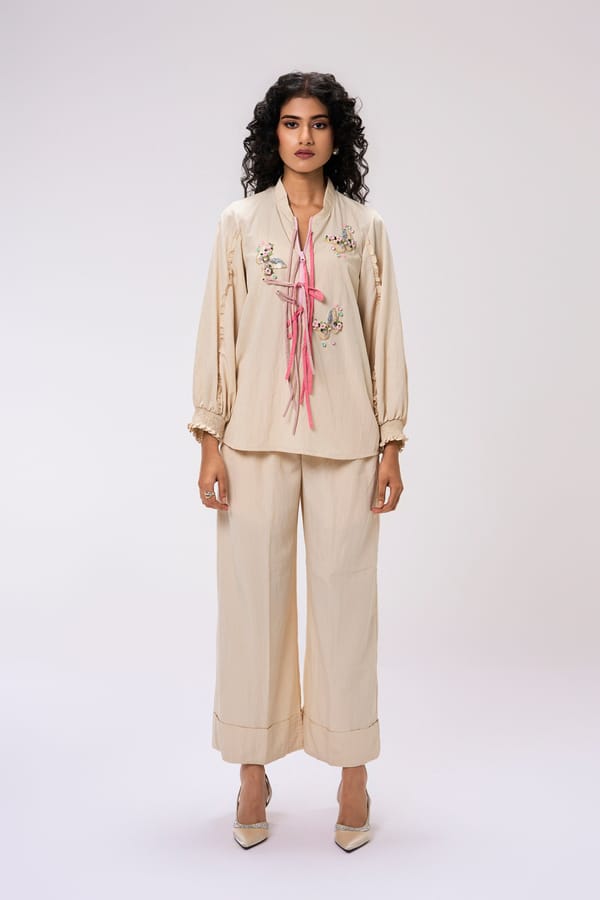 Pastel Beige Embellished Shirt and Trouser Co-ord Set — KOR