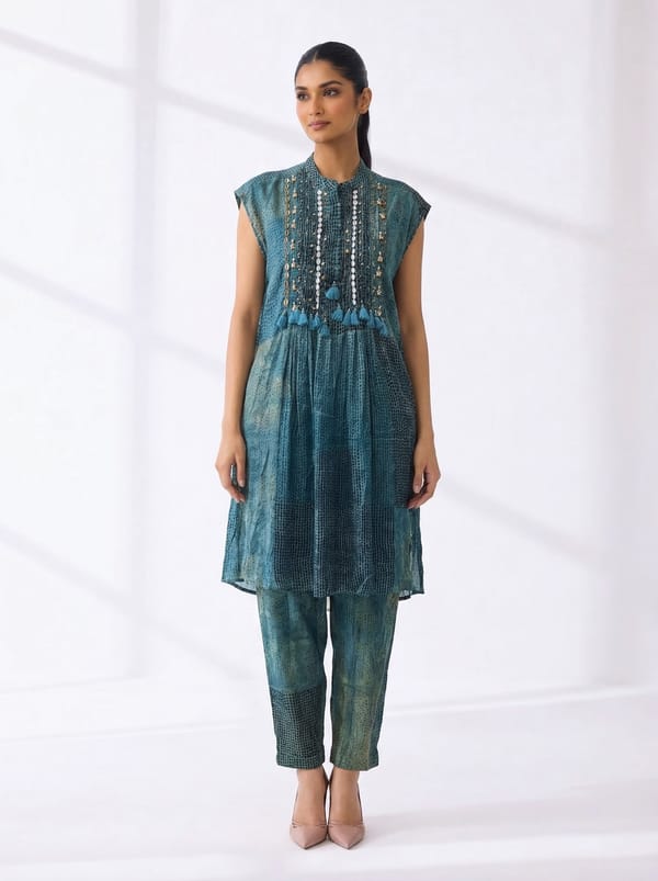 Teal Modal Satin Embellished Kaftan Pant Co-ord Set — 5 Elements