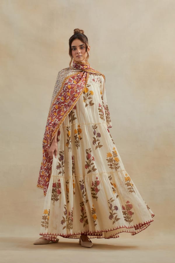 Beige Cotton Chanderi Three-Tiered Kurta Set — Upavita