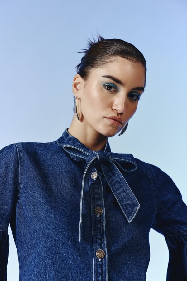 Deep Indigo Tie-Up Neck Denim Blouse with Puff Sleeves — quietBOLD