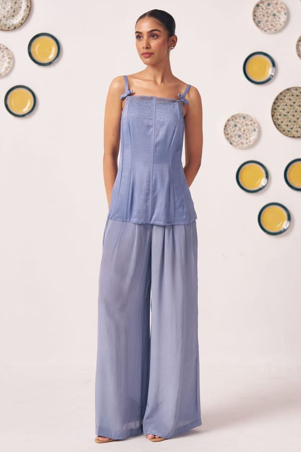 Serein Slate Blue Embellished Strappy Top & Wide-Leg Pants Co-Ord Set — Western Era