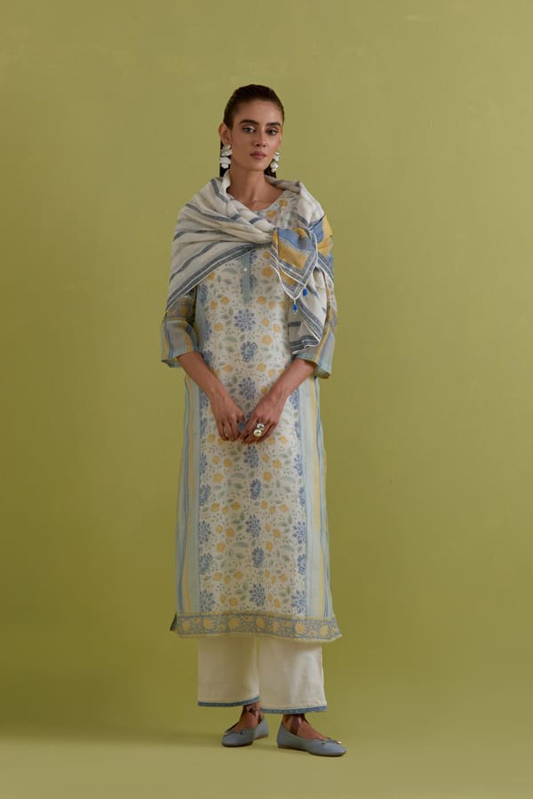 Off-White Floral Block Print Cotton Chanderi Kurta Set — Upavita